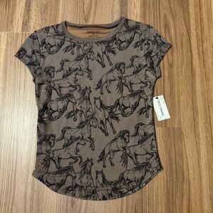 Brown Mesh Horse Print Short Sleeve Ruched Sides Top